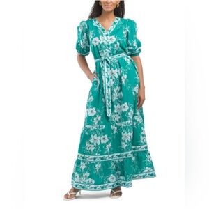 Celina Moon Short Sleeve Cotton Pine Green Floral Maxi Dress Size Small NWT